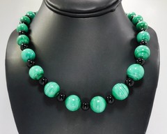 Vintage Malachite & Black Onyx Bead Necklace ~ 20″ ~ Chain Strung – Barrel Clasp