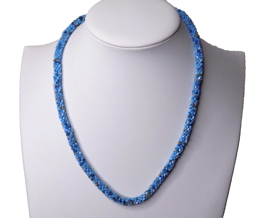 Vintage Nepal Potay Necklace Blue Glass Seed Bead Toggle Closure 17″ to 18″ Long