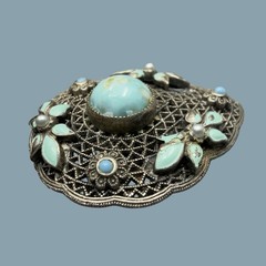 Antique Czech Glass Filigree Enamel Turquoise Blue Fur Dress Clip Brooch NEIGER?