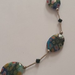 VINTAGE STERLING SILVER MILLEFIORI GLASS ARTISAN MADE NECKLACE ADJUSTS 17-20IN