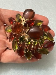 Juliana Rhinestone & Glass Cabochon Autumn Tones Brooch – Almost 2.5” Long