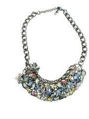 Vtg Gold Tone Chain Link Woven Cloth Metal Flower Bib Necklace Imitation Pearl