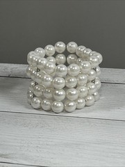 Vintage Multi Strand Faux Pearl Stretch Bracelet White Beaded Cuff Statement