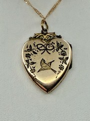 Victorian Aesthetic Movement Bird & Flower Vines Double Sided RG Locket Necklace