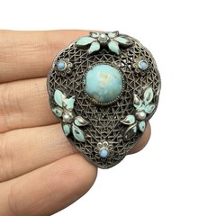 Antique Czech Glass Filigree Enamel Turquoise Blue Fur Dress Clip Brooch NEIGER?