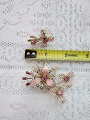 Vintage Mid Century Enamel Jewelry Set Brooch Earrings Dainty Floral Pink Gold