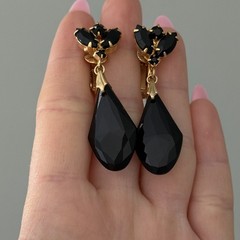 Vintage Jet Black Glass Earrings Gold Tone Clip On Dangles