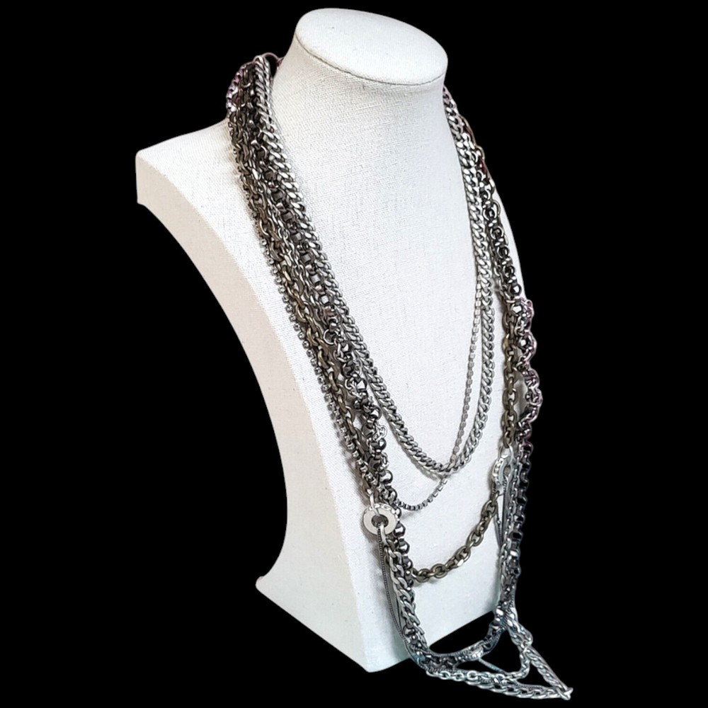 VTG 90s Edgy Layered Chains Fossil 8 Strand Rock Star Statement Necklace 23″