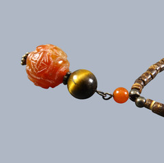 HEISHI BEADED NECKLACE Sterling Silver CARVED CARNELIAN BALL PENDANT Tiger’s Eye