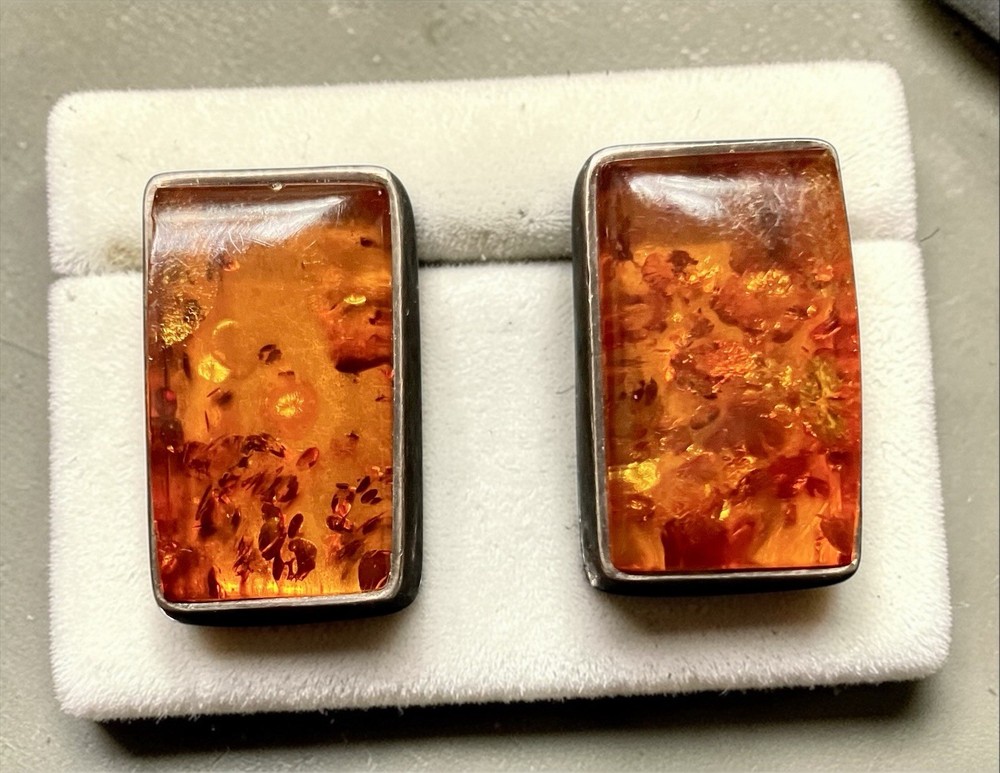 Vintage 925 Sterling Silver Genuine AMBER Oblong CLIP ON Earrings 3/4” Long EC
