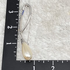 Vintage Faux Pearl Teardrop Swirl Brooch Rhinestones Silver Tone LARGE 3.5″