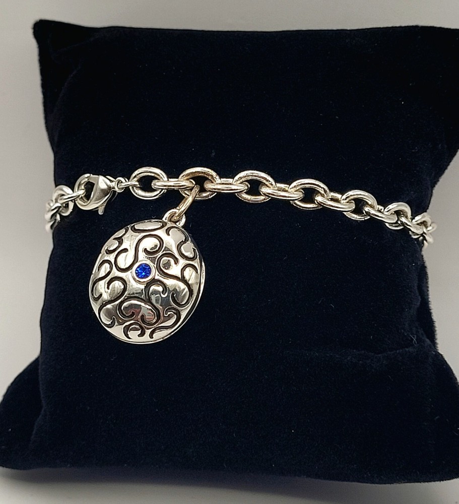 Vintage Silver Tone Chunky Chain Bracelet with Oval Enamel Locket & Blue Crystal