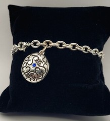 Vintage Silver Tone Chunky Chain Bracelet with Oval Enamel Locket & Blue Crystal