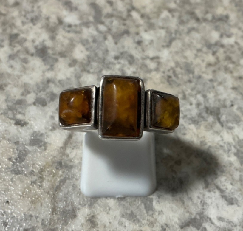Vintage Amber Sterling Silver Ring Statement Rectangular Square Stone Size 7.75