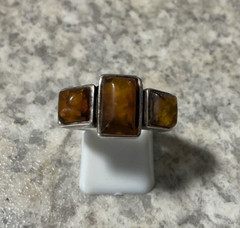 Vintage Amber Sterling Silver Ring Statement Rectangular Square Stone Size 7.75