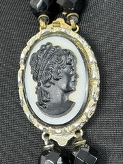 Black Glass Beaded Necklace Double Strand Cameo Clasp Art Deco French Jet Vtg