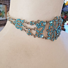 VCLM Aqua Crystal Turquoise Rhinestone Choker – High End Costume Piece Marked