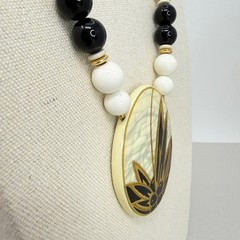 Vintage Japan Beaded Necklace Black White Gold Leaf Pendant Mid Century Modern