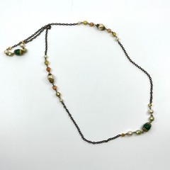 Vintage Earth Tone Beaded Necklace Green Gold Faux Pearl Bronze Tone Chain Retro