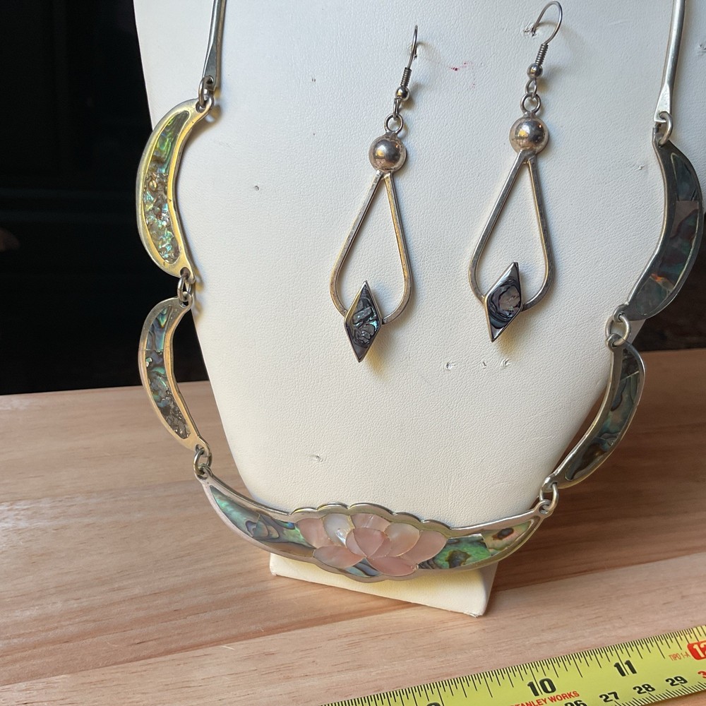 Vintage Alpaca Mexican Inlayed Mother Of Pearl Abalone Necklace And Earrings