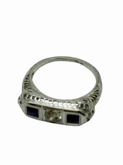 Antique Art Deco 18K White Gold Old Cut Diamond & Blue Sapphire Ring Size 4.5