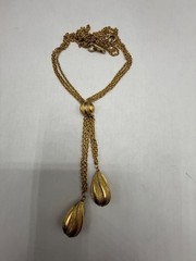ESTATE VINTAGE GOLD TONE LARIAT CHAIN TEXTURED BEAD TASSEL NECKLACE 14″