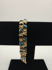 Vintage Coro Signed Gold Tone Link Bracelet Blue Aurora Borealis Rhinestone