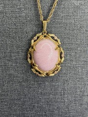 Vintage JJJ 12K Gold Filled Pink Cabochon Pendant Necklace Ornate Floral Setting