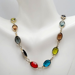Choker Multicolor Crystal Station Gold Tone Patented Side Clasp Necklace 14.5 In