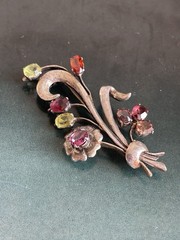 Vintage 1930s 1940s floral spray brooch multicolor glass rhinestones silver