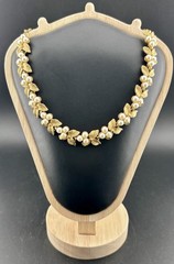 Vintage Charel Faux Pearl & Gold Tone Leaf Necklace/Choker- 15.5 In