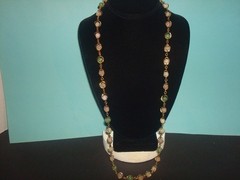VINTAGE SEMI PRECIOUS GEMSTONE NECKLACE WIRE WRAP/CAGED PASTEL PINK,GREEN, 33″L
