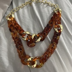 Large Link Amber Acrylic/lucite Two Tier Necklace With Gold Tone Spacer Links