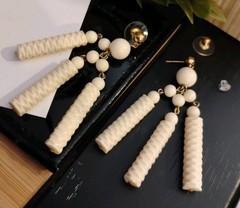 Funky Vintage COLUMNAR Cream Tone Textured Acrylic/Lucite Beaded 2 7/8″ Earrings