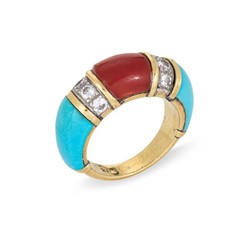 70s Vintage Turquoise Coral Diamond Band Sz 5 Ring 18k Yellow Gold Fine Jewelry