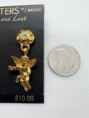 Vintage 90s Two Sisters Medici Gold Tone Cherub Drop Earrings Rhinestone Cupid