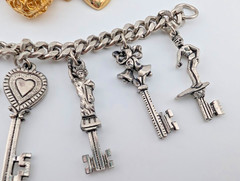 CHARM BRACELET LOT 7″ goldtone heart & locket, 6.25″ vintage silvertone key B1