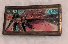 Vintage Abstract Art Brooch Mixed Media Artisan Silk Metal Frame Pin OOAK 2 x 1