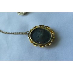 Vtg Cameo Necklace and Screw Back Earrings Set Gold Tone Black Rhinestone 3pc