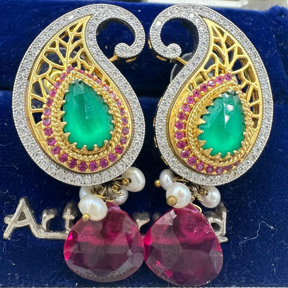 Indian Bridal gold kundan real ruby pearls cubic zirconia green glass earrings