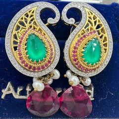 Indian Bridal gold kundan real ruby pearls cubic zirconia green glass earrings