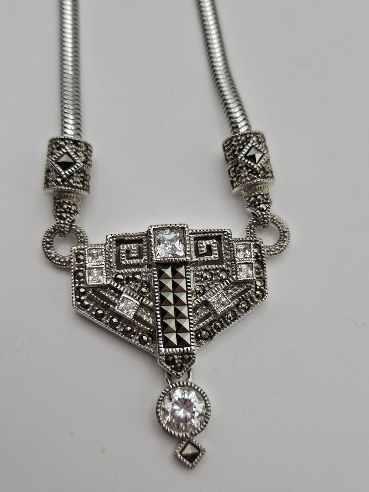 925 Vintage Handmade Necklace Marcasite And CZ Sterling Silver 18in