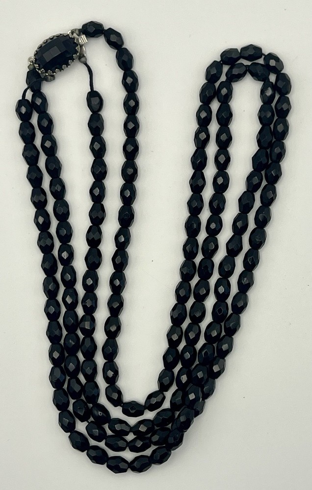 Vintage Black French Jet Necklace Round Faceted Glass Beads 24” Double Strand
