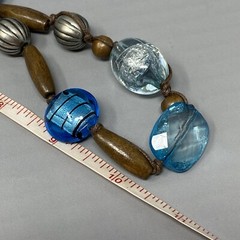 Beaded Necklace Blue Glass Fused Foil Acrylic Crackle Faceted Wood Metal 21″