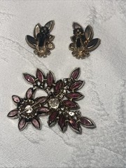 Purple Lavender Prong &cup Set Navette Rhinestone Brooch&ears 3”x3” & 1”x1.25”