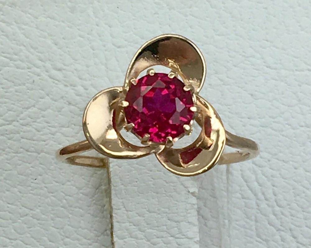 Three Leaf Clover Flower Antique Ring 1.7 Ct Simulated Ruby 14k Yellow Gold Over