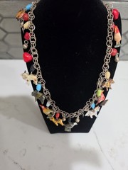 Vintage Tropicana Necklace Silver Wooden Animals Birds Chain Parrot Hearts 1960s