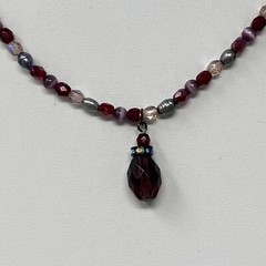 Red Pendant Necklace Teardrop Faceted Glass Purple Cats Eye Dainty Iridescent AB