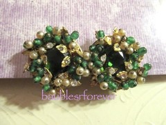 VtG Haskell Style Wired Green Glass Bead Faux Pearl & Rhinestone Clip Earrings