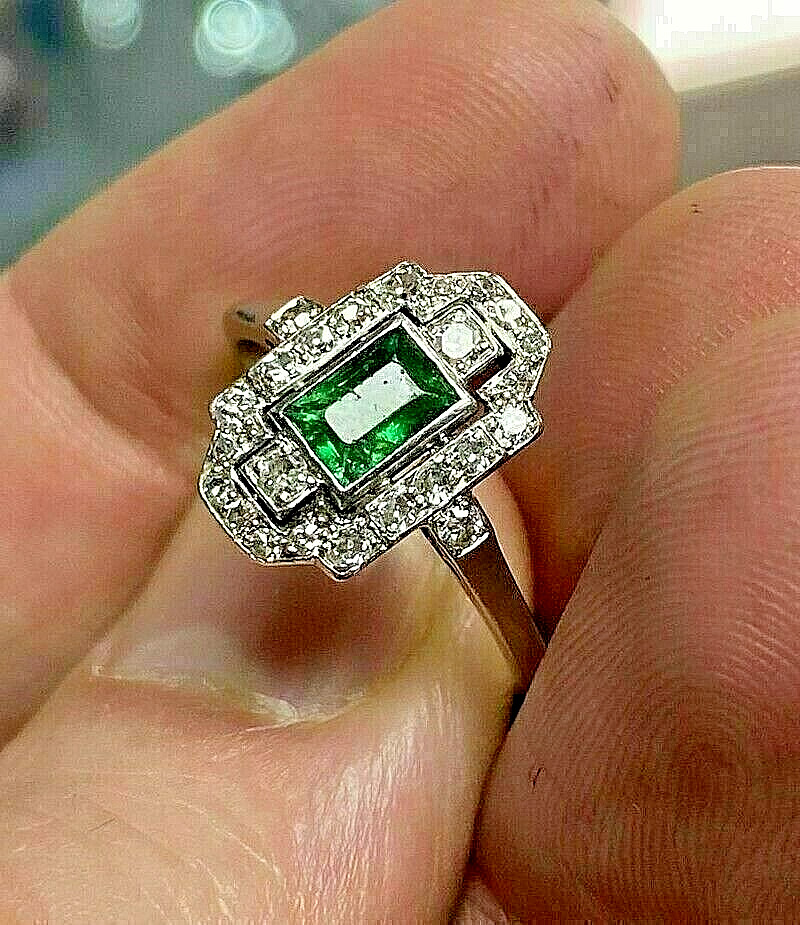 Antique Art Deco Style Emerald & Lab Created Diamond Engagement 925 Silver Ring